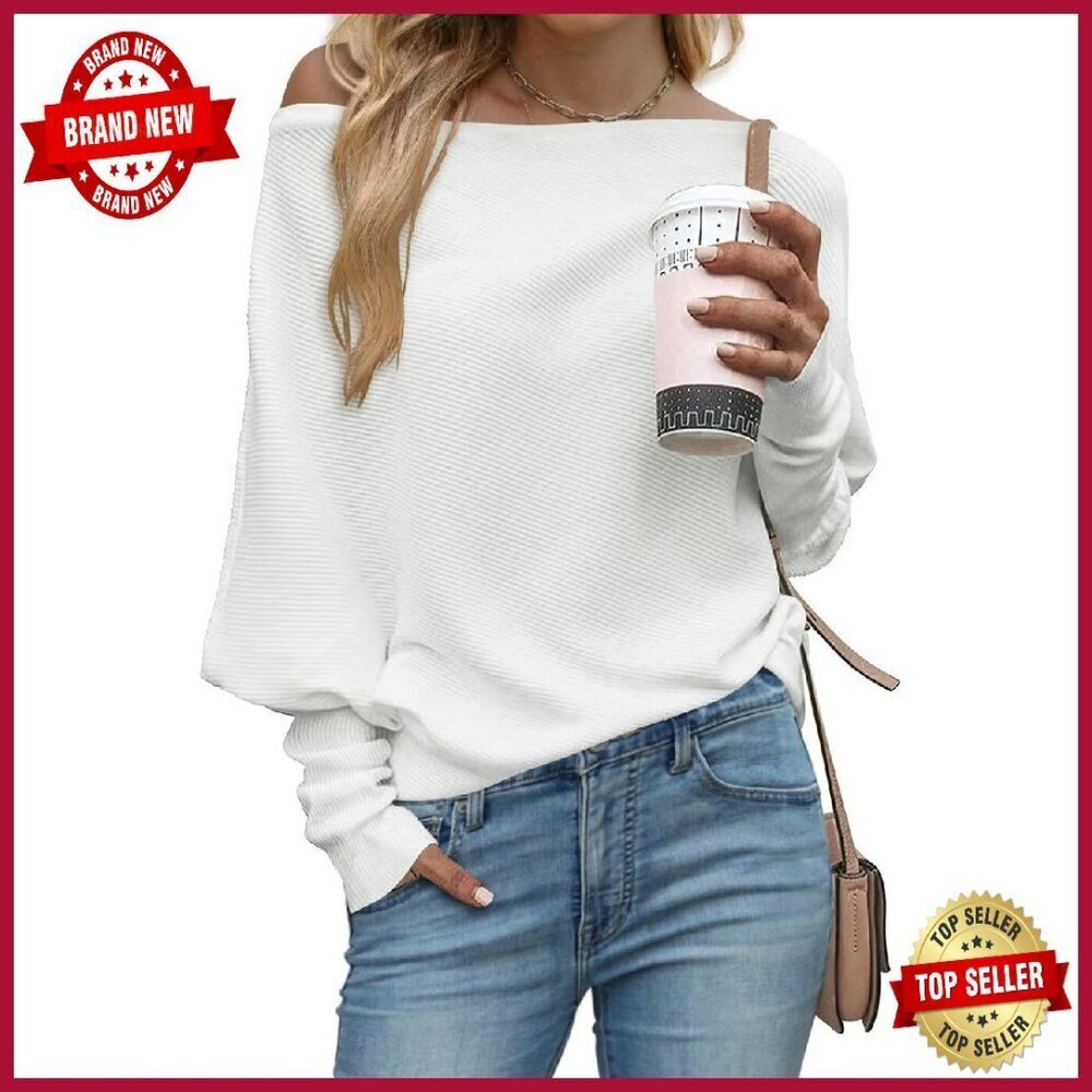 Long Sleeve Off Shoulder Batwing Sweater Loose Fit Ribbed Knit Pullover